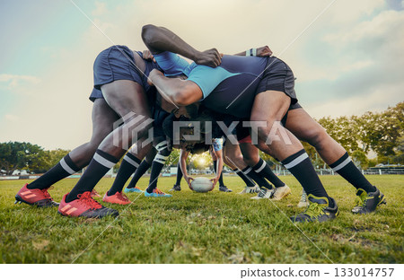 Rugby fitness, scrum or men training in stadium on grass field in match, practice or sports game. Teamwork, ball or strong athletes in tackle exercise, performance or workout in group competition Rugby fitness, scrum or men training in stadium on grass field in match, practice or sports game. Teamwork, ball or strong athletes in tackle exercise, performance or workout in group competition 133014757