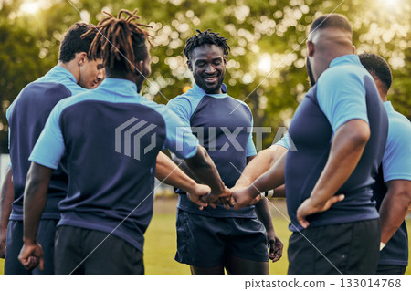 Diversity, team and men fist bump in sports for support, motivation or goals outdoors. Man sport group putting hands together for fitness, teamwork or success in collaboration before match or game 133014768