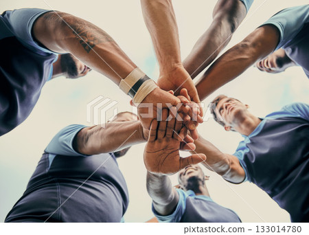 Diversity, team and men with hands together in sports below for support, motivation or goals outdoors. Man sport group piling hand for fitness, teamwork or success in collaboration for match or game Diversity, team and men with hands together in sports below for support, motivation or goals outdoors. Man sport group piling hand for fitness, teamwork or success in collaboration for match or game 133014780