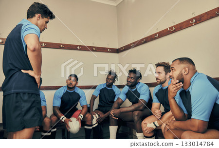 Locker room, motivation and rugby team with coach or captain in strategy discussion or game plan. Training, coaching and group of sports players planning teamwork with leader in cloakroom together. 133014784