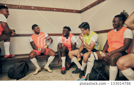 Locker room, motivation and rugby team laughing together in strategy discussion or game plan. Training, fitness and group of winning sports players planning teamwork, happy men in cloakroom together. 133014786