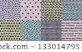 Hand-drawn seamless patterns with brush-painted waves, zigzags, polka dots 133014795