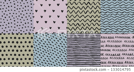 Hand-drawn seamless patterns with brush-painted waves, zigzags, polka dots Hand-drawn seamless patterns with brush-painted waves, zigzags, polka dots 133014795