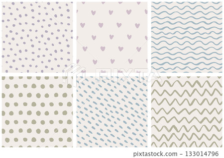 Hand-drawn seamless patterns with brush-painted waves, zigzags, polka dots Hand-drawn seamless patterns with brush-painted waves, zigzags, polka dots 133014796