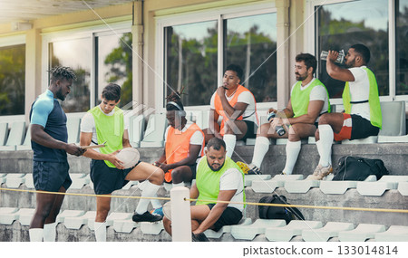Rugby team, coaching and clipboard of people planning strategy or checklist for event, game formation or match at stadium. Diversity group, sports men and training manager goals, advice or mission Rugby team, coaching and clipboard of people planning strategy or checklist for event, game formation or match at stadium. Diversity group, sports men and training manager goals, advice or mission 133014814