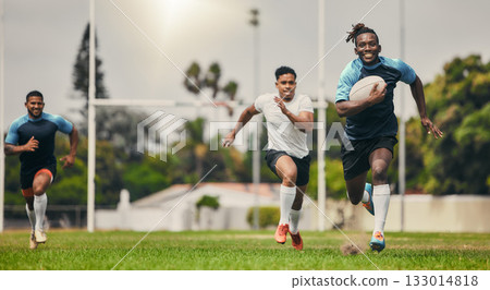 Rugby team or people running fast on field in competition, game or match strategy, energy and challenge for goals. Speed of sports men, athlete or friends on pitch for gaming event moving in action 133014818