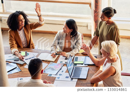 Business meeting, questions and people with manager, boss or speaker for proposal feedback, ideas and teamwork. Woman or employee engagement in workshop for digital marketing and project planning 133014861