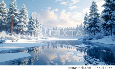 一片靜謐的雪林和一座冰封的湖泊 133014936