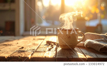 Steaming mug on a wooden table 133014972