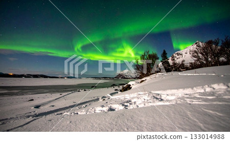 Aurora in the night sky and snow-covered earth 133014988