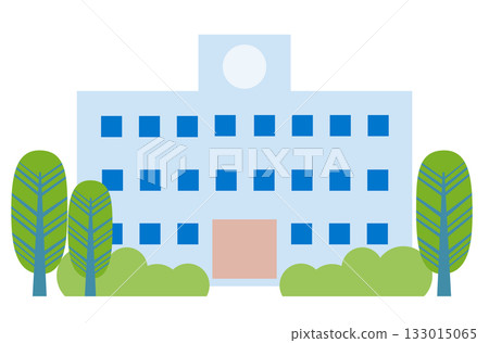 Illustration of a simple school building surrounded by green trees 133015065