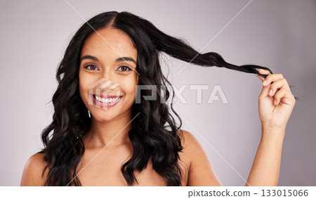 Hair, woman and beauty, happy in portrait with cosmetics and hairstyle on studio background. Wellness, shine and female smile, face and cosmetic care, keratin treatment and texture, volume and mockup 133015066