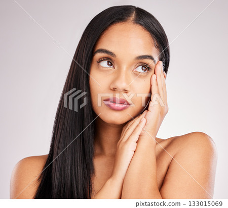 Beauty, skincare and touch with woman in studio for spa treatment, cosmetics and self care. Facial, glow and natural with female model isolated on white background for makeup, satisfaction or results 133015069