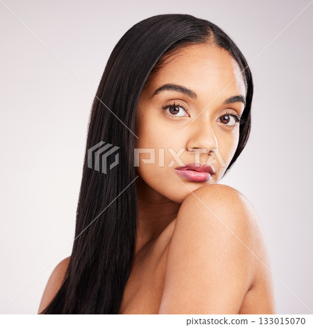 Beauty, hairstyle and makeup with portrait of woman in studio for keratin treatment, shampoo and shine. Salon, texture and natural with model on white background for straight hair, face and results Beauty, hairstyle and makeup with portrait of woman in studio for keratin treatment, shampoo and shine. Salon, texture and natural with model on white background for straight hair, face and results 133015070