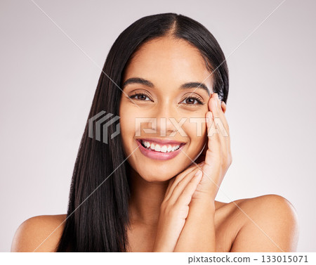 Beauty, skincare and smile with portrait of woman in studio for spa treatment, cosmetics and self care. Facial, glow and natural with model on white background for happy, satisfaction and results 133015071