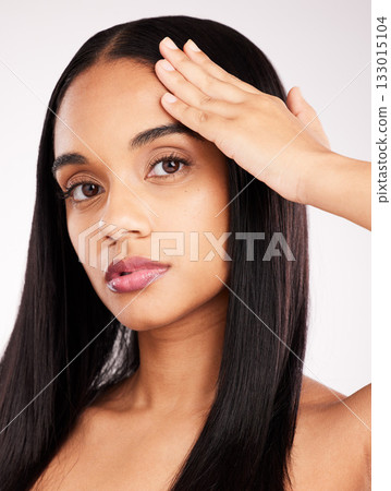 Beauty, hair and portrait of woman in studio for keratin treatment, makeup and self care. Salon, texture and natural with model isolated on white background for cosmetics, satisfaction and results Beauty, hair and portrait of woman in studio for keratin treatment, makeup and self care. Salon, texture and natural with model isolated on white background for cosmetics, satisfaction and results 133015104