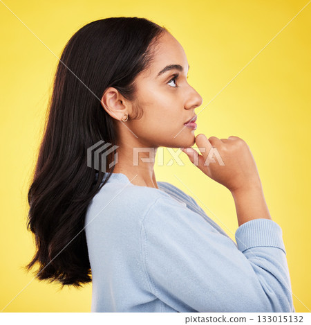Woman, profile and studio with a young model thinking with casual fashion feeling relax. Isolated, yellow background and gen z female person with youth and healthy hair care posing and relaxing Woman, profile and studio with a young model thinking with casual fashion feeling relax. Isolated, yellow background and gen z female person with youth and healthy hair care posing and relaxing 133015132