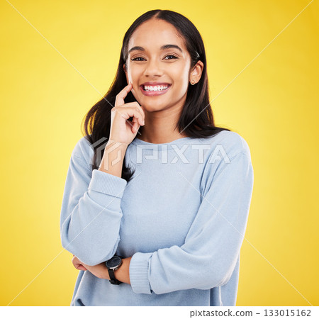 Yellow background, thinking and portrait of woman with smile for advertising, promotion and mockup space. Ideas, thoughtful and isolated girl in studio with happy mindset, positive and confidence Yellow background, thinking and portrait of woman with smile for advertising, promotion and mockup space. Ideas, thoughtful and isolated girl in studio with happy mindset, positive and confidence 133015162