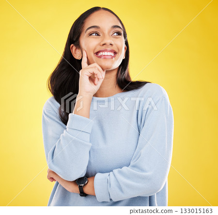 Yellow background, thinking and face of woman with smile for advertising, promotion and mockup space. Ideas, thoughtful and isolated girl in studio with happy mindset, positive attitude and confident Yellow background, thinking and face of woman with smile for advertising, promotion and mockup space. Ideas, thoughtful and isolated girl in studio with happy mindset, positive attitude and confident 133015163