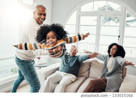 Airplane, father and girl in lounge, family an playing with love, quality time and cheerful together. Portrait, happy dad lifting daughter and granddad with mother, joyful and games in living room 133015168