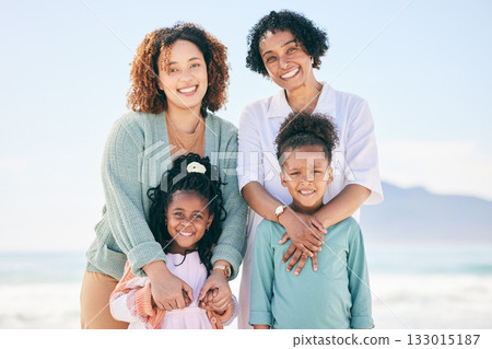 Happy portrait, nature and family on beach holiday for peace, freedom and outdoor quality time together. Love, ocean sea sand and Mexico children, grandmother and mother smile with vacation sunshine 133015187