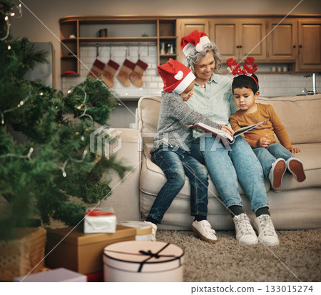 Christmas, photo album or kids with a senior woman and children looking at photographs during festive season. Family, love or celebration with a grandmother and grandchildren holding a picture book Christmas, photo album or kids with a senior woman and children looking at photographs during festive season. Family, love or celebration with a grandmother and grandchildren holding a picture book 133015274