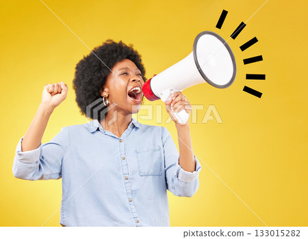 Bullhorn announcement, shout or studio black woman protest for democracy vote, justice or human rights rally. Fight racism speech, megaphone microphone or angry speaker fist on yellow background fist 133015282