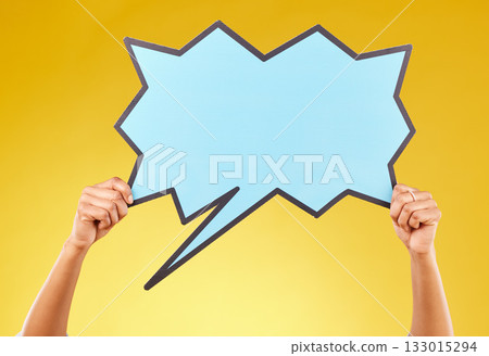 Social media announcement, woman and hands with speech bubble for opinion, marketing space or brand advertising. Product placement, mock up billboard and person with voice mockup on studio background Social media announcement, woman and hands with speech bubble for opinion, marketing space or brand advertising. Product placement, mock up billboard and person with voice mockup on studio background 133015294