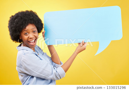 Excited, speech bubble and portrait of black woman in studio with mockup for social media, advertising or space. Face, paper and happy lady with billboard for news or poster on yellow background Excited, speech bubble and portrait of black woman in studio with mockup for social media, advertising or space. Face, paper and happy lady with billboard for news or poster on yellow background 133015296