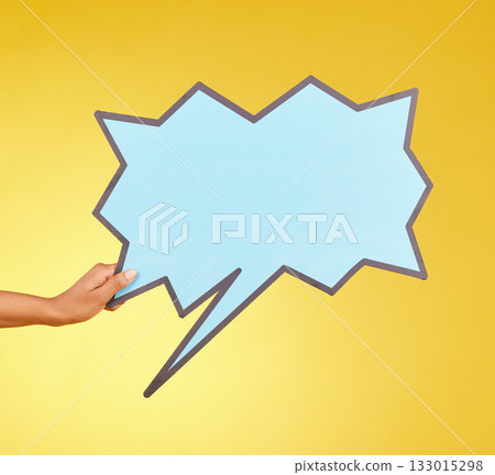 Social media advertising, woman or hands with speech bubble for opinion, marketing space or studio branding. Product placement info, mock up billboard or person with voice mockup on yellow background 133015298