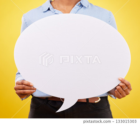 Social media, woman and hands with speech bubble for opinion, marketing space or brand advertising. Product placement info, mock up billboard or branding person with voice mockup on yellow background 133015303