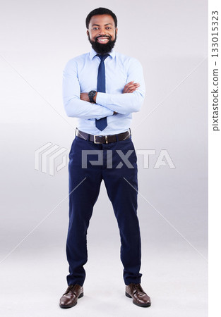 Business, studio portrait and black man smile with arms crossed in leadership, pride and motivation on white background. Happy corporate manager and confidence of management, commitment or proud look 133015323