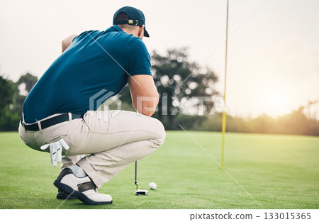 Thinking, sports and golf with man on field for training, competition match and planning. Games, challenge and tournament with athlete playing on course for exercise, precision and confidence 133015365