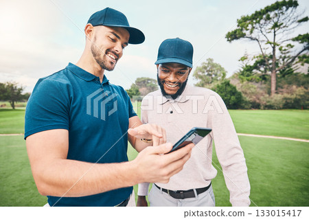 Golf course, men and friends with talk for using phone, smile and personal trainer with video for training together. Golfer, smartphone and point at meme on social media app with sports for diversity Golf course, men and friends with talk for using phone, smile and personal trainer with video for training together. Golfer, smartphone and point at meme on social media app with sports for diversity 133015417