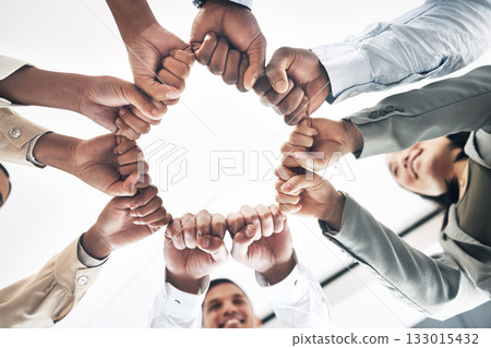 Team building, circle or business people hands in fist for motivation in office meeting together. Diversity, low angle or happy employees with mission, strategy or group support for project planning Team building, circle or business people hands in fist for motivation in office meeting together. Diversity, low angle or happy employees with mission, strategy or group support for project planning 133015432