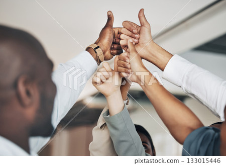 Hands, thumbs up and diversity, teamwork and business people, solidarity and agreement with unity in workplace. Corporate community, support and arms raised with professional group, together and team Hands, thumbs up and diversity, teamwork and business people, solidarity and agreement with unity in workplace. Corporate community, support and arms raised with professional group, together and team 133015446