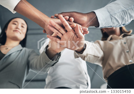 Mission, strategy or hands of business people with goals, support or motivation for success or growth. Low angle, b2b meeting zoom or office staff in collaboration planning our vision or sales target 133015450