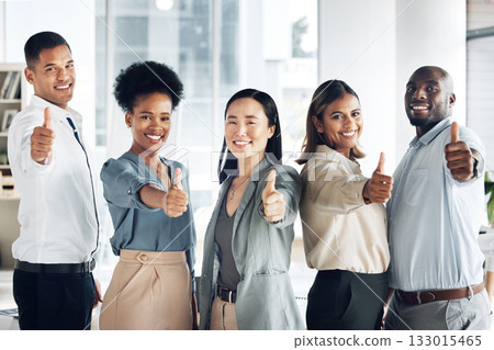Portrait, team or thumbs up of business people in agreement for success growth in office room. Diversity, motivation or happy workers together in group collaboration with yes, like or thank you signs 133015465
