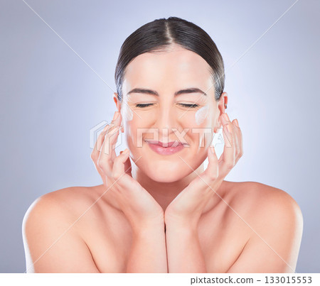 Happy skincare, face and woman with cream product for luxury makeup, facial cosmetics or female acne protection. Studio dermatology, collagen hydration and beauty person isolated on grey background 133015553