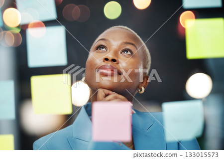 Thinking, vision and black woman with schedule, planning and agenda, sticky notes and bokeh background. Idea, face and female leader with goal, visual and problem solving, calendar and management Thinking, vision and black woman with schedule, planning and agenda, sticky notes and bokeh background. Idea, face and female leader with goal, visual and problem solving, calendar and management 133015573