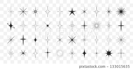 Sparkle stars collection. Minimalistic star set. Sunburst shape bundle. Vector illustration isolated on transparent background 133015635