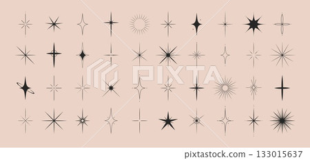 Stars shape set. Retro futuristic icons. Abstract sparkle black silhouette symbols. Vector illustration 133015637