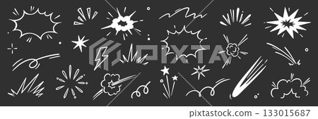 Cartoon speed effect comic line element set. Hand drawn doodle sketch boom burst, bomb smoke, explosion cloud cartoon elements. Comic speed effect, power flash, explosive shapes. Vector 133015687