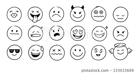 Face emoji icon set. Hand drawn doodle sketch style happy, angry, sad mood face emoticon background. Funny cartoon characters smile, wink, kiss emoji. Cute line emotion element. Vector 133015689