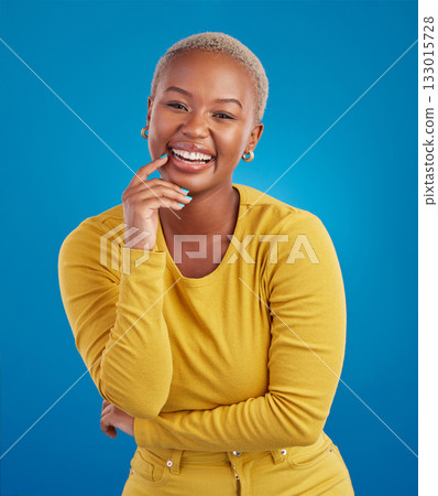 Portrait, happy and black woman in studio smile, cheerful and laughing on mockup, space or blue background. Face, joy and female laugh, joke and silly humor, carefree and having fun while isolated Portrait, happy and black woman in studio smile, cheerful and laughing on mockup, space or blue background. Face, joy and female laugh, joke and silly humor, carefree and having fun while isolated 133015728