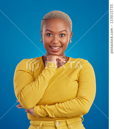 Happy, smile and portrait of black woman with confidence, happiness and empowerment in studio. Yellow fashion, beauty and girl model on blue background with pride, positive mindset and motivation Happy, smile and portrait of black woman with confidence, happiness and empowerment in studio. Yellow fashion, beauty and girl model on blue background with pride, positive mindset and motivation 133015735
