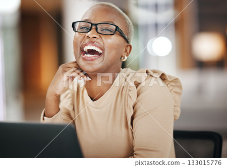 Office, glasses and portrait of laughing black woman with laptop, smile and confidence at work. Computer, happiness and African journalist working on funny article for digital news website or blog. 133015776