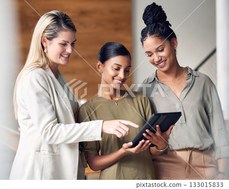 Tablet, planning and business women teamwork, brainstorming and collaboration for company online strategy. Professional people on digital technology, website or software app with ideas or app launch 133015833