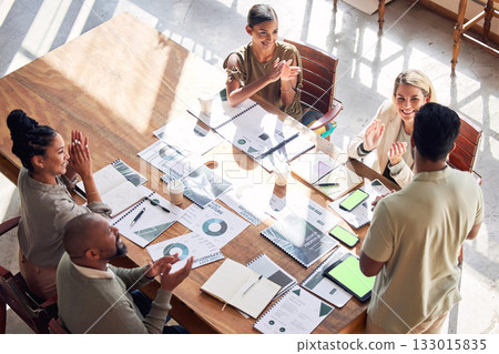 Presentation, clapping and business people in meeting success, green screen and celebration for winning. Employees applause for digital marketing proposal, growth and achievement with startup above 133015835