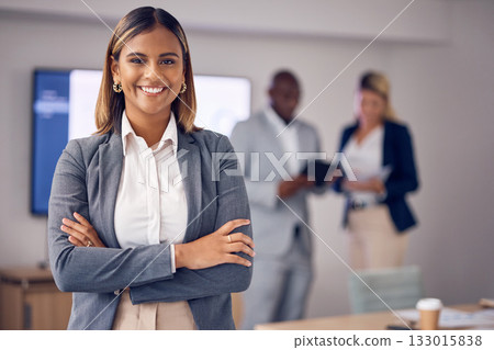 Proud portrait of business woman in office meeting with mindset for employees engagement, leadership and management. Face of happy corporate or professional Indian person or worker with job integrity 133015838